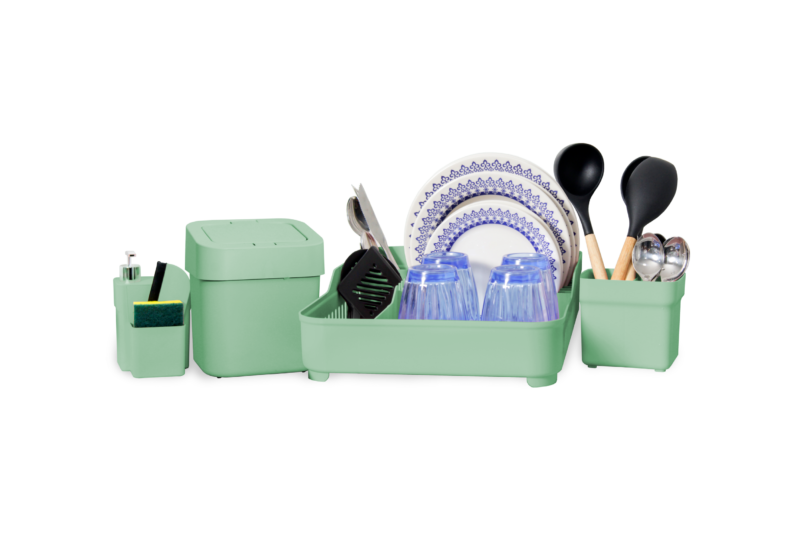 KIT SOBRE PIA 5 PEÇAS  (ESCORREDOR DE LOUÇA-LIXEIRA-DISPENSER-ESCORREDOR DE TALHERES COMPACTO-RODINHO) VERDE MENTA