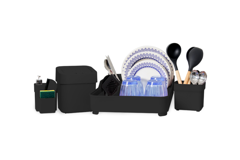 KIT SOBRE PIA 5 PEÇAS (ESCORREDOR DE LOUÇA-LIXEIRA-DISPENSER-ESCORREDOR DE TALHERES COMPACTO-RODINHO) PRETO