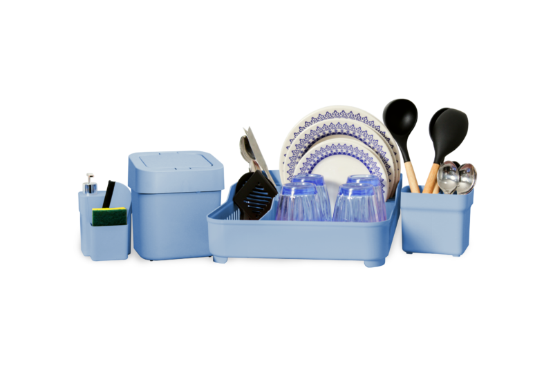 KIT SOBRE PIA 5 PEÇAS  (ESCORREDOR DE LOUÇA-LIXEIRA-DISPENSER-ESCORREDOR DE TALHERES COMPACTO-RODINHO) AZUL