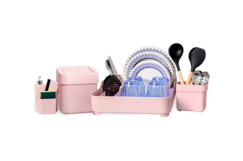 KIT SOBRE PIA 5 PEÇAS  (ESCORREDOR DE LOUÇA-LIXEIRA-DISPENSER-ESCORREDOR DE TALHERES COMPACTO-RODINHO) ROSE
